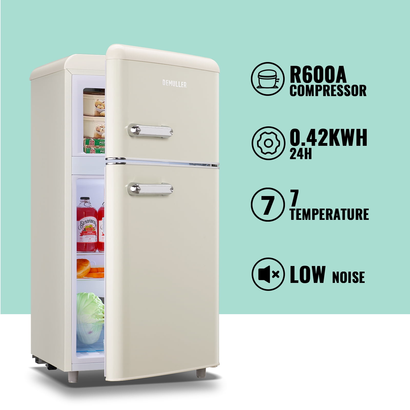 DEMULLER Mini Refrigerator Dual Door Fridge with Handle 7 speed temperature control YX-100-BLACK