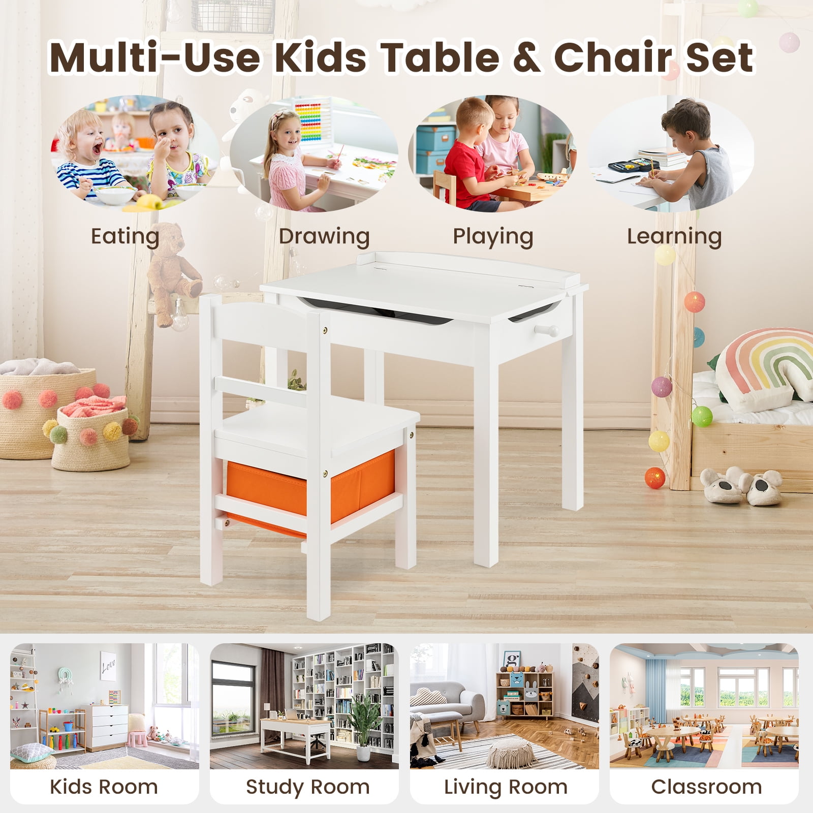 Gymax Kids Table and Chair Set Wood Activity Study Desk w/ Storage Drawer Hook White