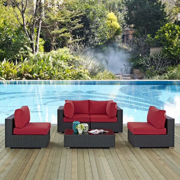 Modway Sojourn 5 Piece Outdoor Patio Sunbrella® Sectional Set in Canvas Red