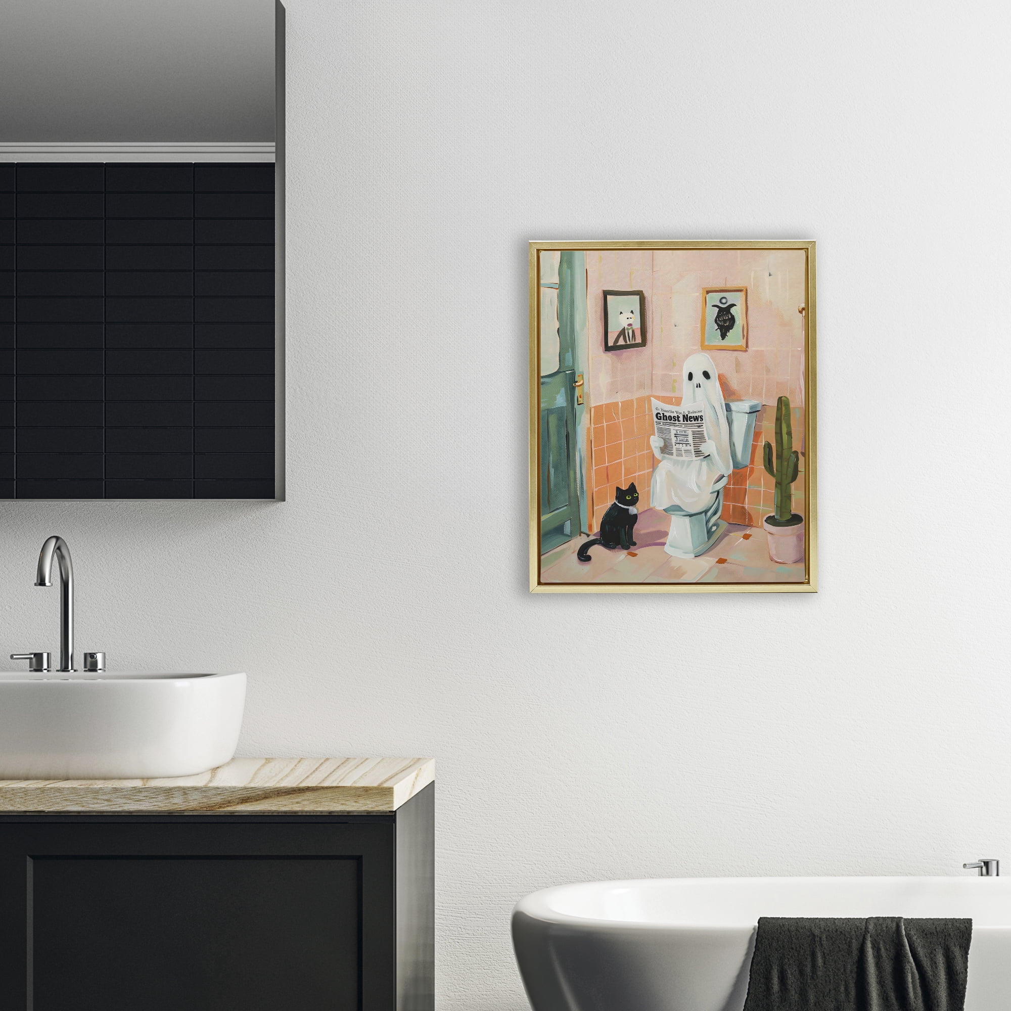 Stupell Industries Ghost Reading Newspaper Gold Framed Floater Canvas Wall Art, design by The Prints Vibe