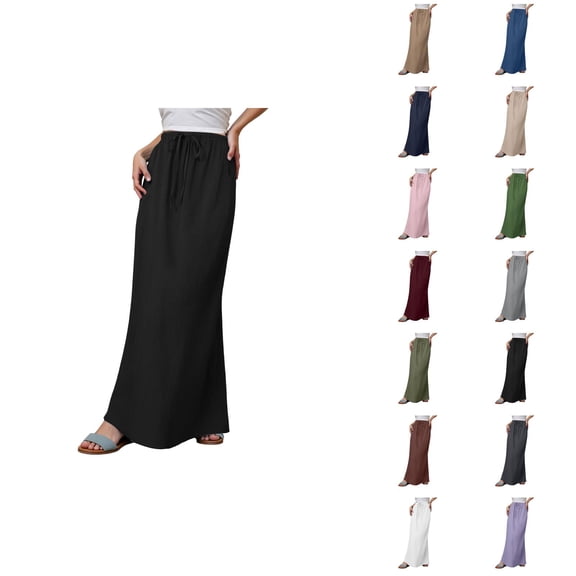 Cotton Linen Long Maxi Skirts for Women Elastic Waist Flowy Wrap Skirt Summer Boho Beach Skirts