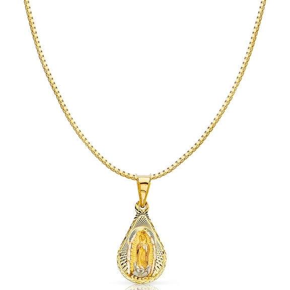 14K Tri Color Gold Diamond Cut Our Lady of Guadalupe Stamp Religious Charm Pendant with 0.8mm Box Chain Necklace