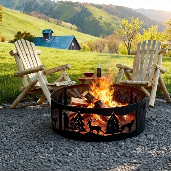 36" Wood Burning Fire Pit Ring for Outdoor Bonfire Party Camping Backyards (Wildlife Version)