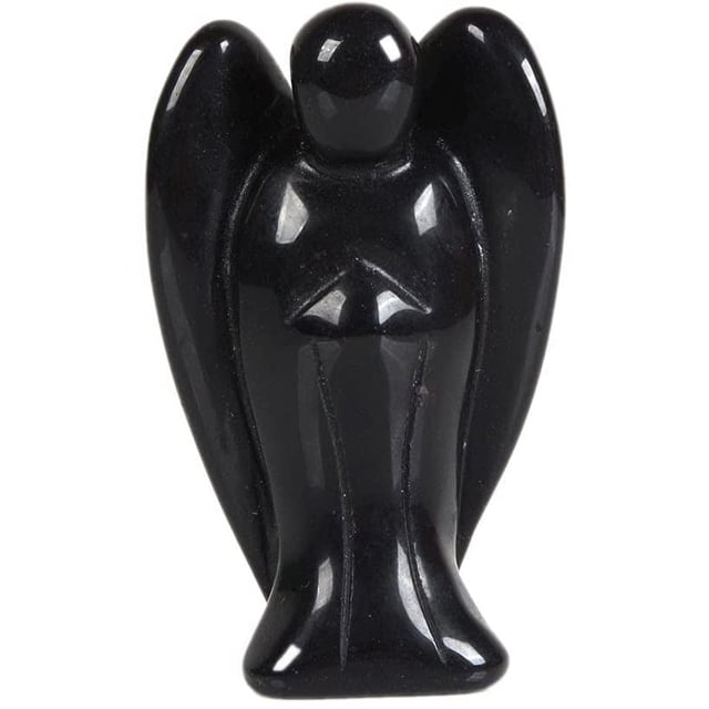 Estatua curativa del ángel guardián de bolsillo de obsidiana negra tallada de 2".