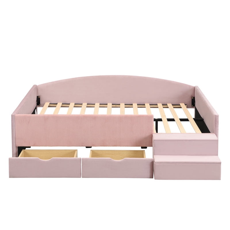 Full Size Kids Daybed Frame with Small Stair & 2 Storage Drawers, Velvet+Corduroy Dual Upholstered Accent Platform Bed