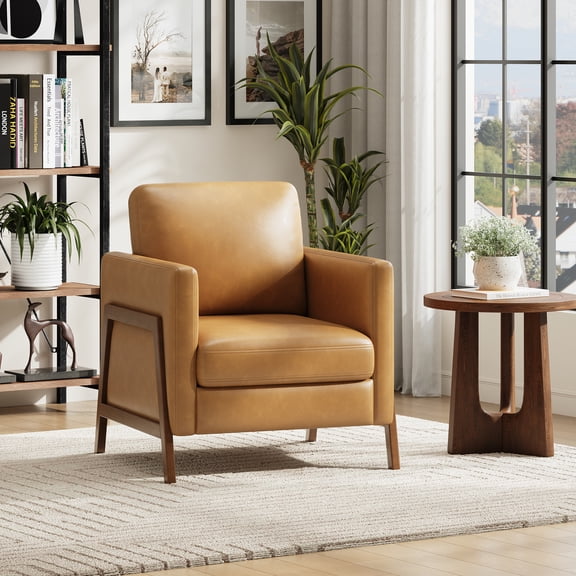 EOP Upholstered Accent Chair, Vintage Mid Century Modern Arm Chair, Comfy PU Leather Reading Armchair for Living Room Bedroom Office, Brown
