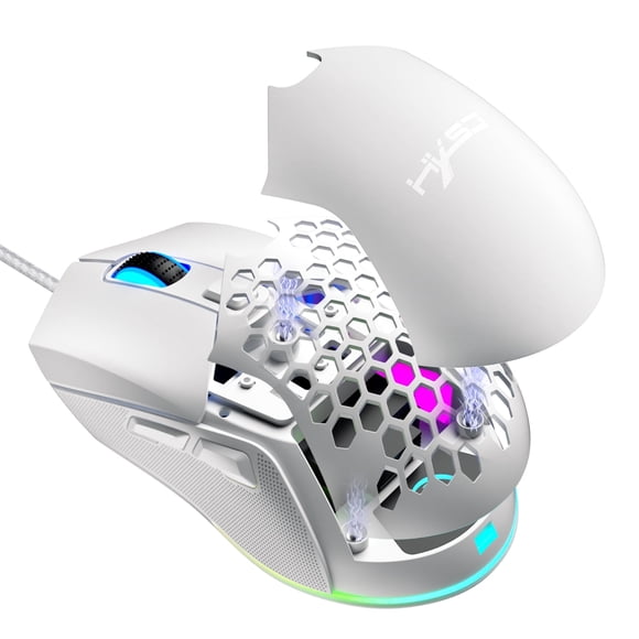 UHM Ratón para Juegos con Cable con Carcasa de Nido de Abeja Intercambiable, 7200 Ppp Ajustable, 6 Botones Programables, Gaming Mice Liviano con Retroiluminación RGB 12 para Windows PC Gaming y Oficina, Blanco