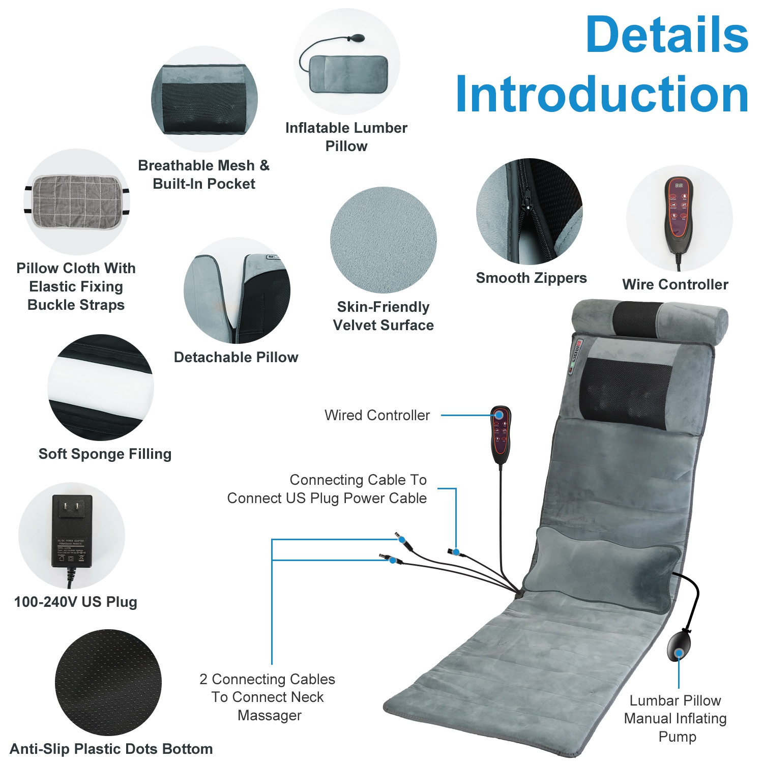 Imountek Upgraded Full Body Electric Massage Mat with Heat, Vibrating Back Massager Chair Pad with Neck Massager Lumbar Pillow, 10 Vibration Motors 3 Timers Anti-Slip Bottom Earplugs for Home Office
