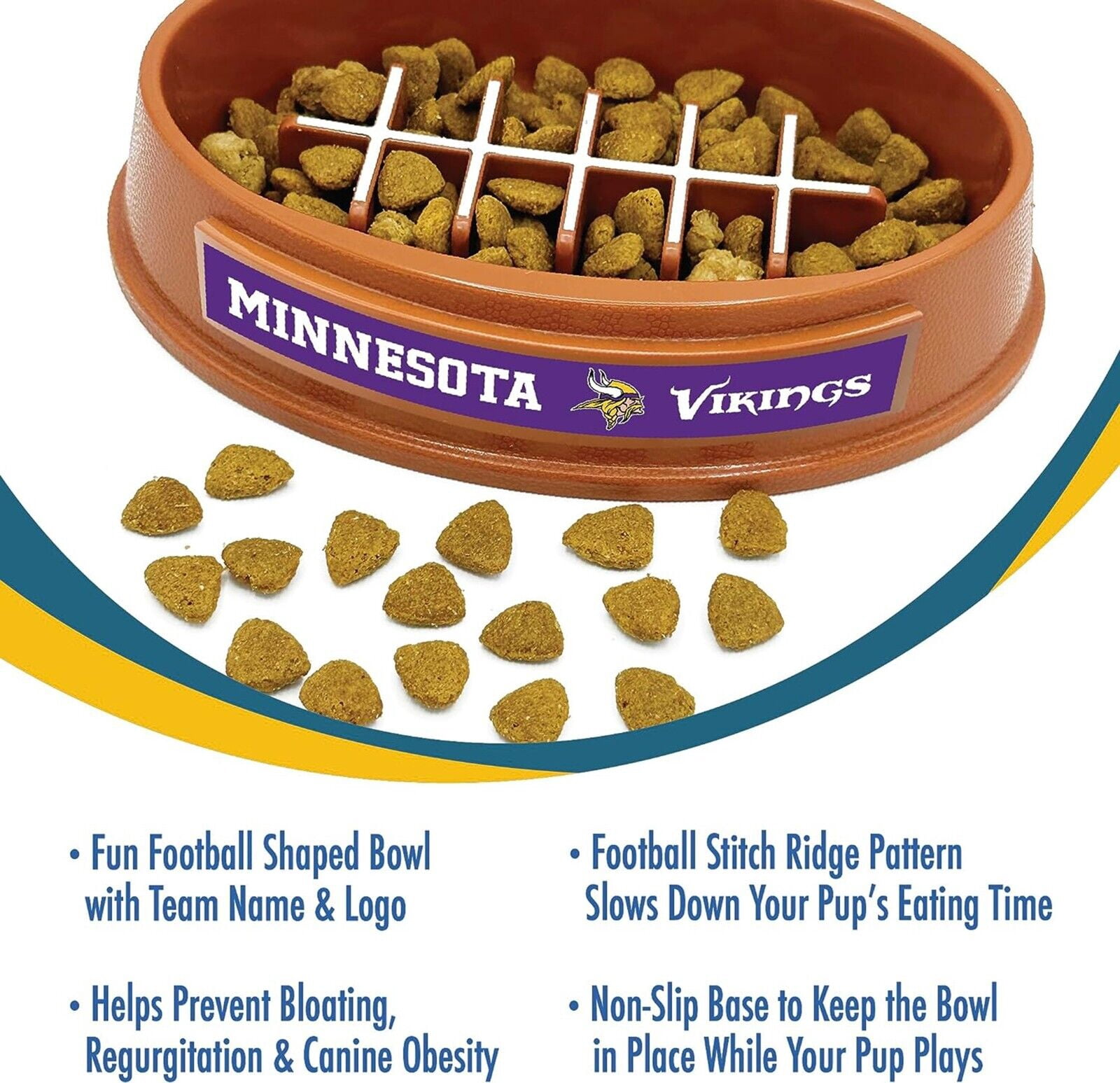 Pets First NFL Minnesota Vikings Super-Bowl Slow Feeder Bowl for Dogs and Cats, Football Design for Healthy Digestion, Non-Slip, for Large & Small Pet