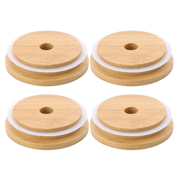 Reusable Bamboo Lids for Mason Jars, 4 Pack 86mm Wide Mouth Caps with Straw Hole, Leak-Proof Silicone Seal for Glass Canning Jars, Beige