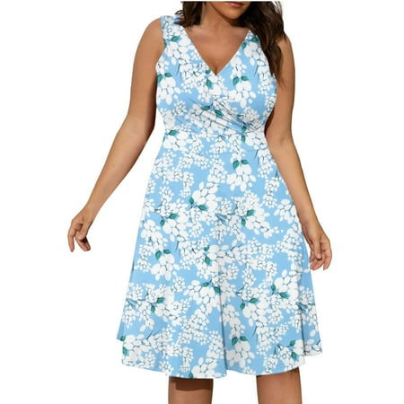 

YanHoo Boho Beach Dresses for Women V Neck Sleeveless Waist Dress Plus Size Summer Holiday Print Midi Dress