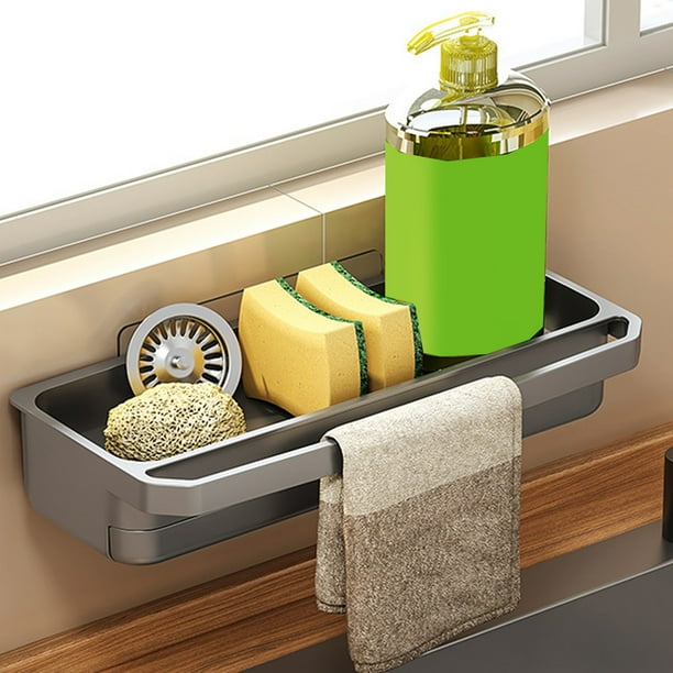Estante de Cocina de Pared Sin Perforaciones | Soporte de Plástico Gris y Blanco para Esponjas, Organizador de Especias y Trapos | Estante Multifuncional con Ventosa para Espacios de Cocina Ordenados