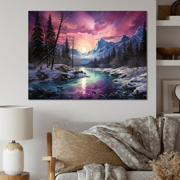 Designart Aurora Borealis Wall Art, Arctic Aurora Northern Lights painting , Aurora Borealis Large Wall art decor, Pink Traditional Canvas wall art, 32x24 inches