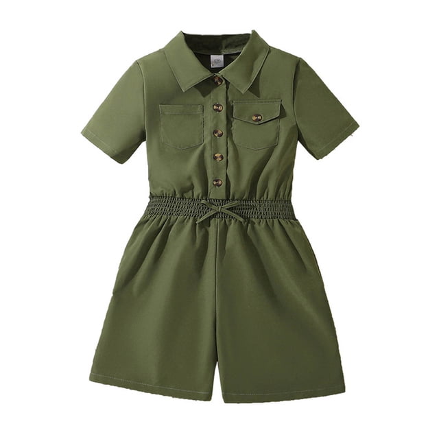 Odeerbi 8-12 Años Niñas Verano Carga Rompers Botón Abajo Cuello Camisa de Algodón Mono Color Sólido Casual Manga Corta Solapa Suspensión Pantalones Generales