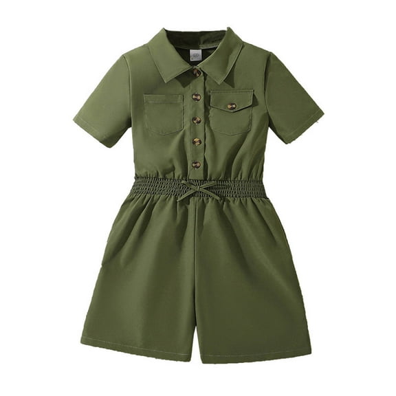Moocorvic Girls Rompers Casual Jumpsuit Outfits Button-Down Collar Belted Wide Leg Shorts 8-12Years(Green)