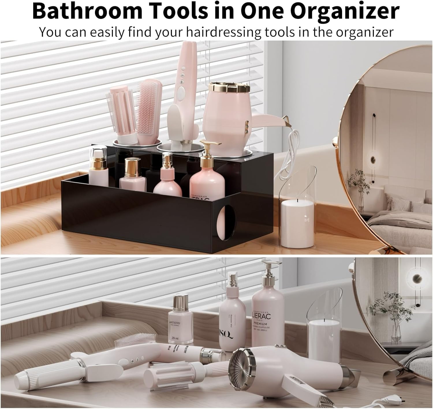 NIUBEE Hair Tool Organizer, Acrylic Hair Dryer Holder and Styling Organizer, Bathroom Countertop Blow Dryer Holder, Vanity Caddy Storage Stand for Blow Dryers, Accessories, Makeup, Toiletries, Black
