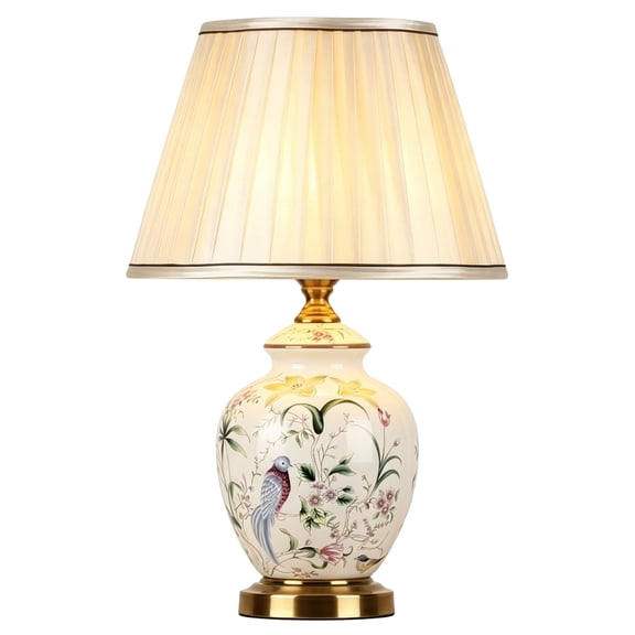 20" Vintage Ceramic Table Lamp, Chinoiserie Floral and Bird Pattern Bedside Lamp for Living Room, Bedroom (LED Bulb Included)
