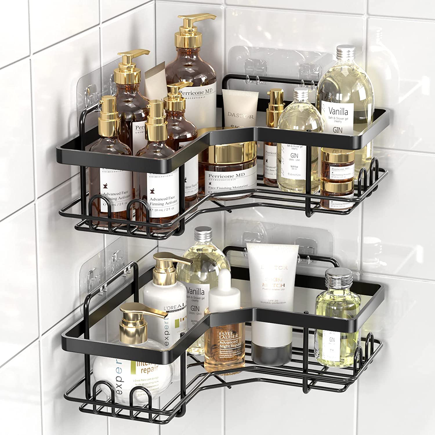 ASG 2 Pack Corner Shower Caddy ,Strong adhesive Shower Organizer Shelf with 8 hooks.Waterproof
