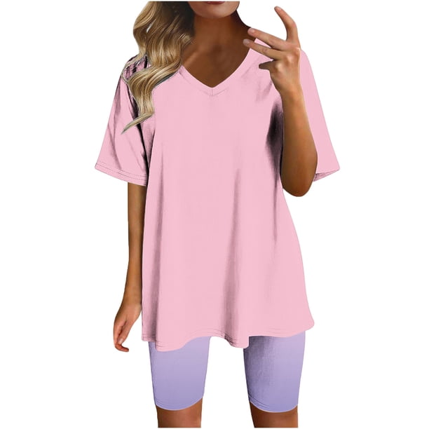 Blusas para las Mujeres Casual Impreso Cuello en V Manga Corta Blusa Pantalones Cortos, Conjuntos de Ropa para las Mujeres