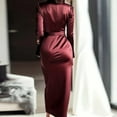 thumbnail image 5 of Women's Dress Long Sleeve Solid Color Tie Waist Classic Elegant Midi Dress for Office Commuting Spring Fall,Wine,S, 5 of 6