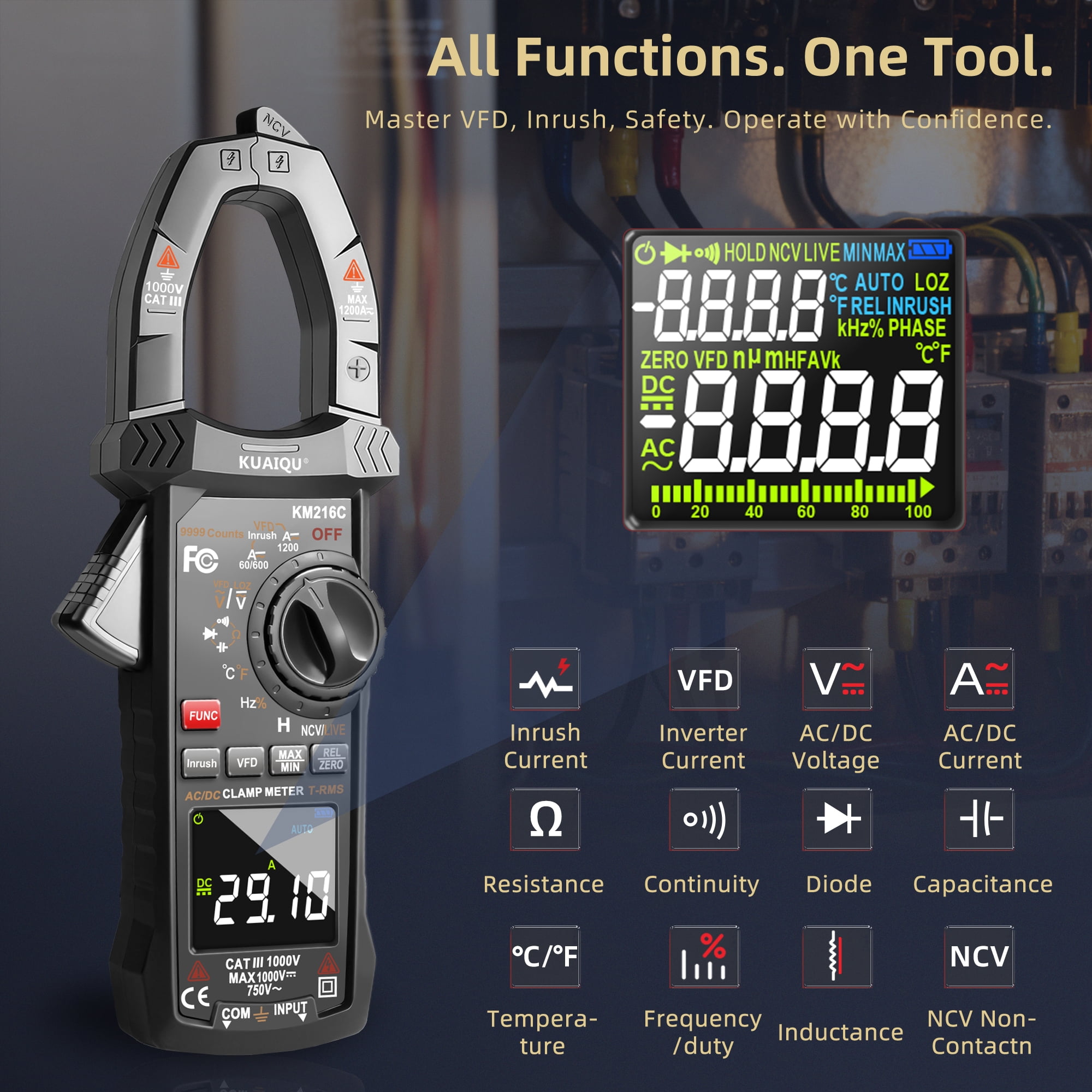 Kuaiqu Digital Clamp Meter KM216C T-RMS 9999 Counts 1200A AC/DC Current Amp Volt Meter  with VFD LOZ Mode Inrush NCV Temperature Resistance Capacitance Continuity