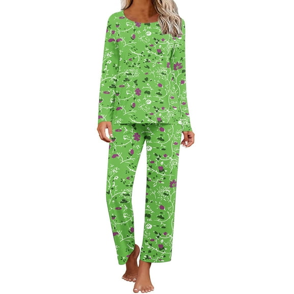 Jacenvly Womens Pajamas Casual Fashion Pajamas for Women Set Printing Round Neck Short Sleeve Sleepshirt and Pants Sets Loungewear Pajamas with Pockets Green