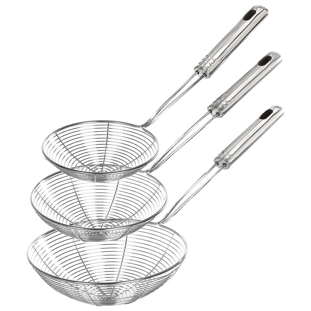 Juego de herramientas para chefs gourmet, colección de cucharones espumaderos de acero inoxidable macizo, diseño de doble espiral para un mejor rendimiento, colador de alambre con malla en espiral