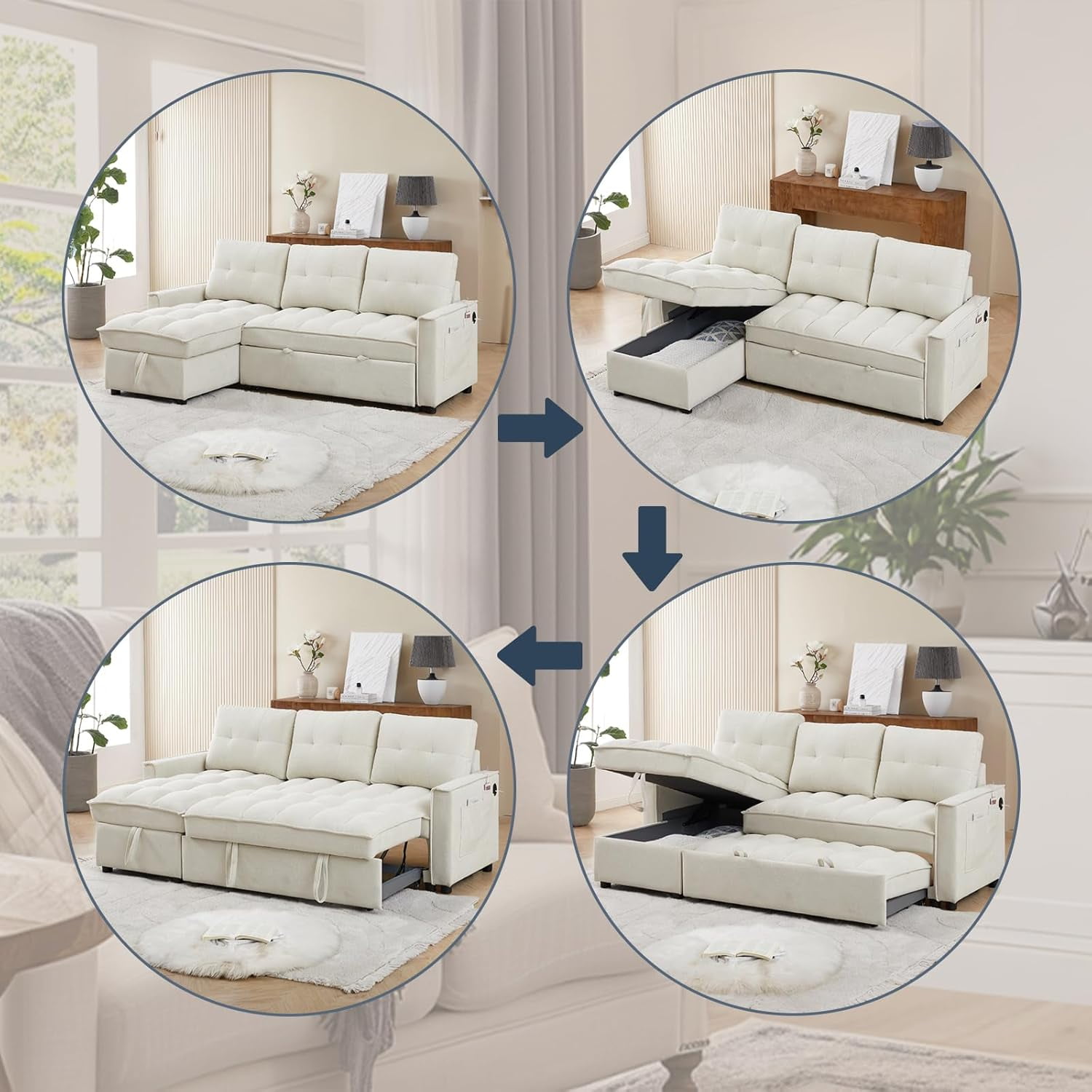 AENKYO 78.75" Reclining Sleeper Sofa with Pull-Out Bed and Built-in Charging Station, 3-Seat Sectional Couch with Cup Holders, Beige