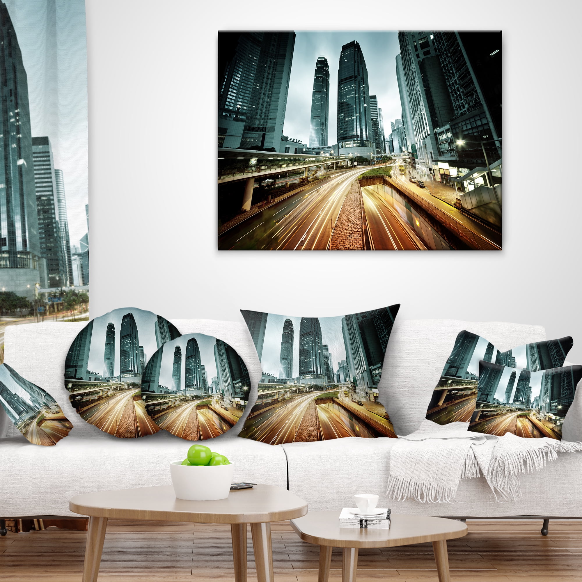 Designart Traffic in Hong Kong at Sunset - Cityscape Photo Throw Pillow - 18x18