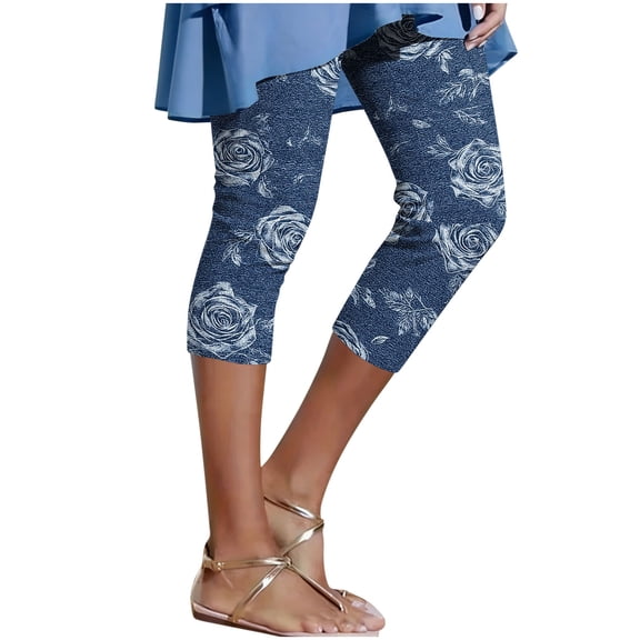 FAHXNVB Womens Rose Print Capri Leggings Slim Fit Stretchy Summer Pants Fashion Casual Lightweight Yoga Bottoms Tights