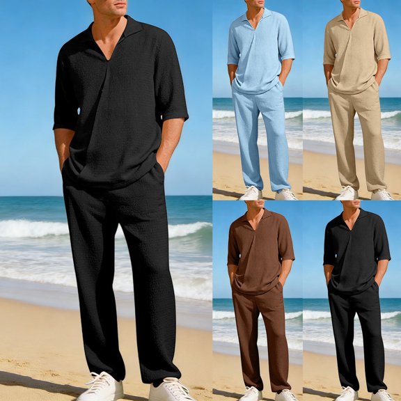 Mens Summer 2 Piece Set Casual Outfits Button Half Short Sleeve V Neck Polo Shirt & Loose Pants Textured Tracksuit Walking Suits Light Blue