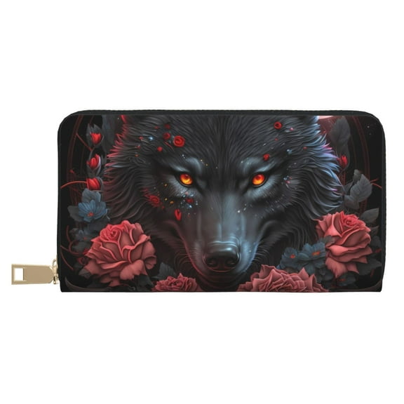 Leather Thin Slim Wallets for Women Men - Rose Full Moon Black Wolf Clutch Card Wallet for Women Men with Zipper