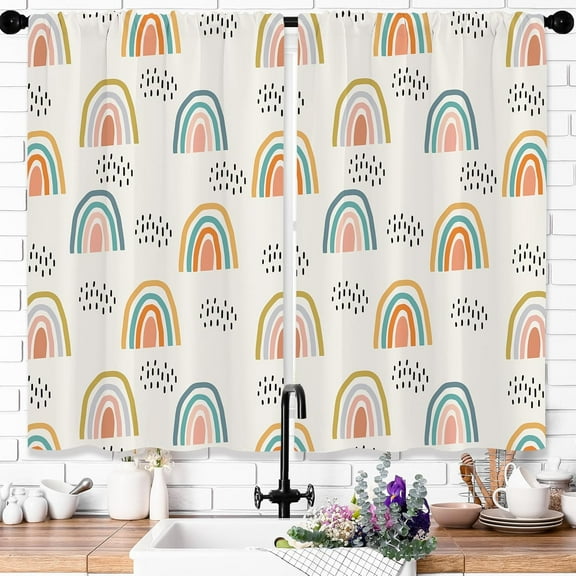 Cute Rainbow Kitchen Curtains Cartoon Boho Colorful Nursery Window Curtains Kids Small Short Curtain for Girls Bedroom Window Treatment Tiers Drapes Laundry Living Room 27.5x39 Inch