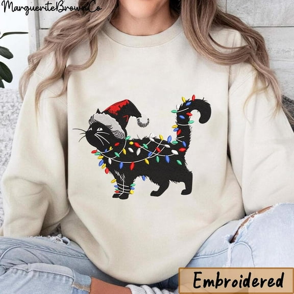Embroidered Black Cat Light Christmas Sweatshirt, Cat Christmas Hoodie, Christmas Cat Sweatshirt, Kitten Christmas, Cat Lover Gift, Cat Mom