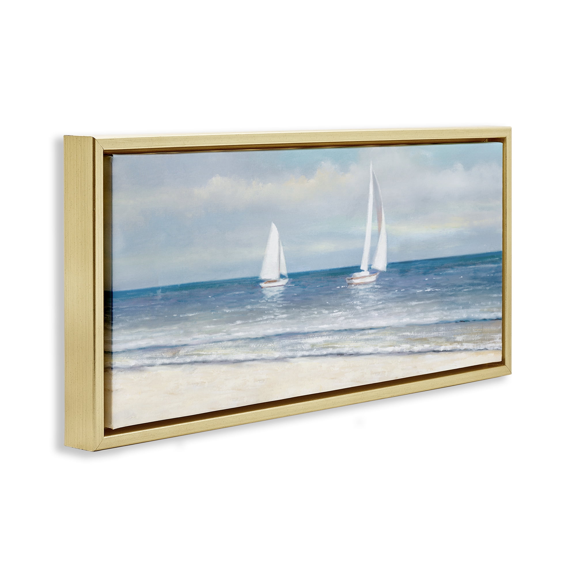Stupell Industries Sooth Sailboats View Nautical & Beach Painting Gold Floater Framed Canvas Art Print Wall Art, 25 x 11