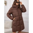 thumbnail image 5 of Female Hooded Long Puffer Coat Winter Warm Full Zip Quilted Jacket with Pockets Brown S, 5 of 9