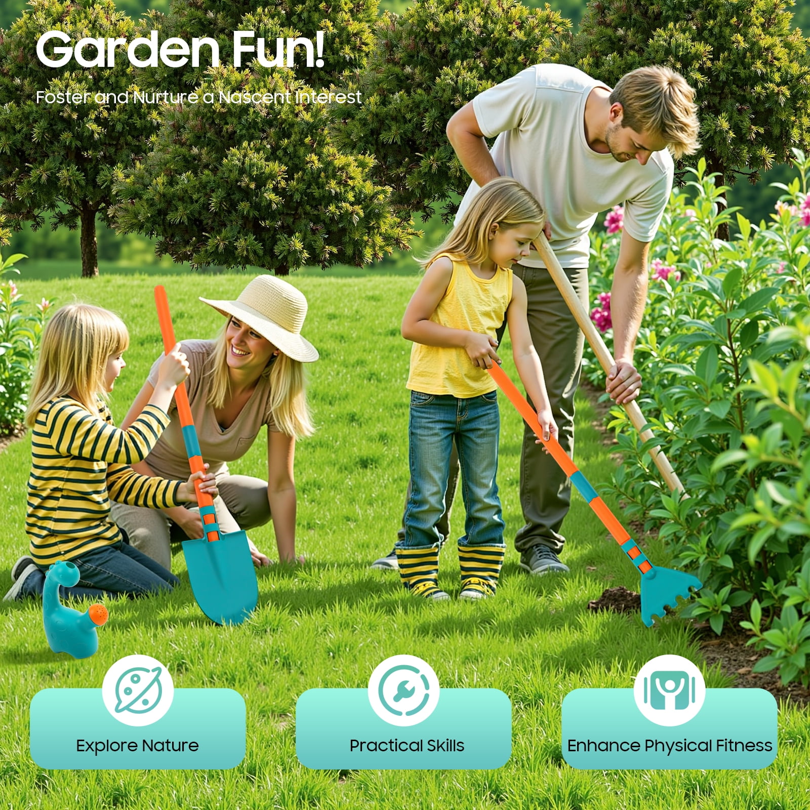 OUTGOO Kids Gardening Tools Set, 10pcs Kids Gardening Tools with Wheelbarrow, Shovel, Rake, Leaf Rake, Outdoor Toddler Toys Yard Digging Weed Pretend Toys for Boys Girls Age 3+
