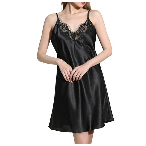 Glisme Women Pajamas Set Nightgowns V Neck Breathable Night Dress With Satin Spaghetti Strap Chemise Slip Nightshirt Elegant Temperament Loungewear Black , L