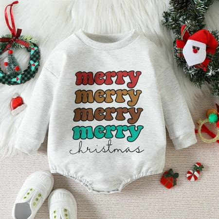 

FZM Christmas Xmas Baby Boys Girls Letter Color Print Long Sleeve Patchwork Romper Bodysuit Christmas Outfit Clothes