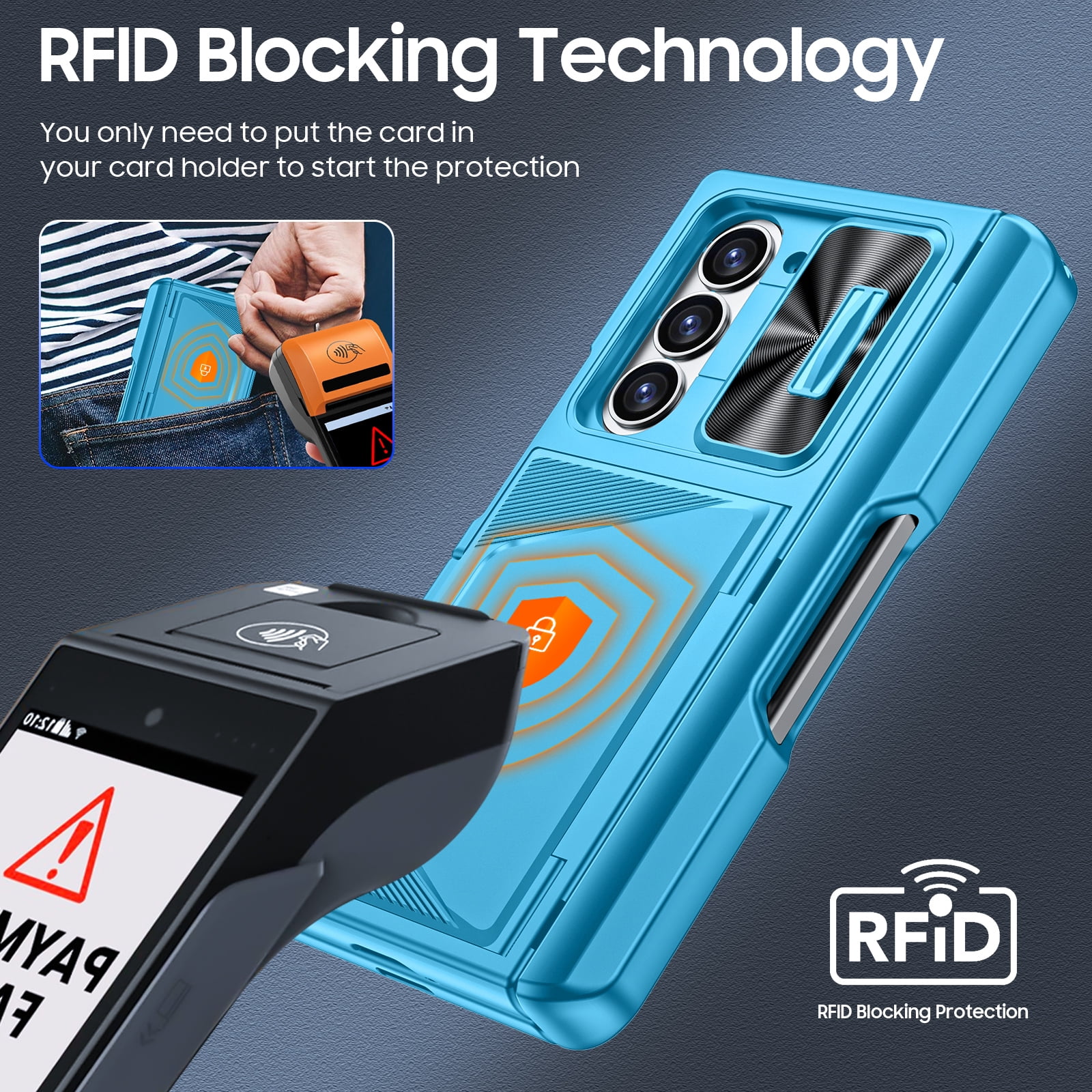 Oupeigar for Samsung Galaxy Z Fold 6 Phone Case,with RFID Cards Holder,S Pen Holder,Camera Cover, Shockproof Silicone Protective Case-Light Blue