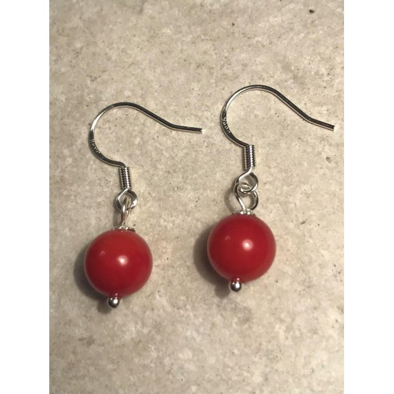 K-KED Red Coral 10mm Gemstone Earrings - 925 Sterling Silver - Gift