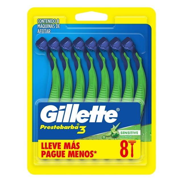 Rastrillo Gillette Prestobarba3 Sensitive con Aloe Vera, Piel Sensible, 8 pzas
