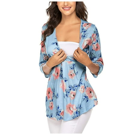 

Pregnant Women s Spring and Autumn 3/4 Sleeve Breastfeeding Clothes Fashionable Cross V-neck Floral Printed T-shirt Casual Loose Maternity Nursing Top
