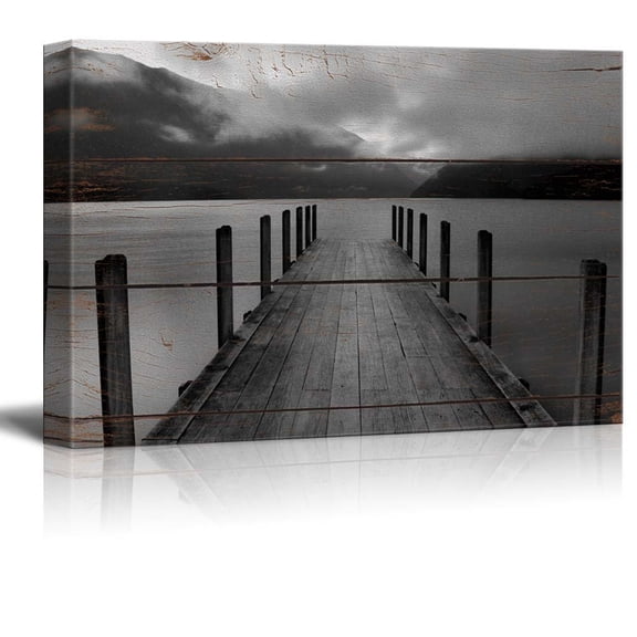 Wall26 Canvas Prints Wall Art - Pier at The Evening on Vintage Wood Background - 32" x 48"