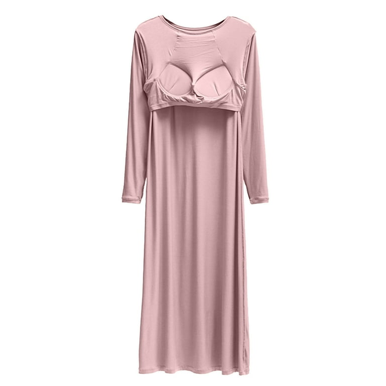 Cavosen Bodycon Dresses for Women Long Sleeve Pink Model Pajamas Dress Maxi  with Bra Crew Neck Below Knee Long Dress Solid Sleepshirts Housewear Casual  Dress Fall Winter L - Walmart.com