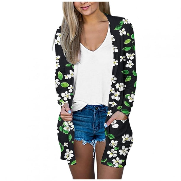 Mujeres de Manga Larga Tops de Impresión Casual Blusa de Bolsillo Cardigan Algodón Poliéster, Moda Señoras Top para el Uso Diario Y Casual de Primavera