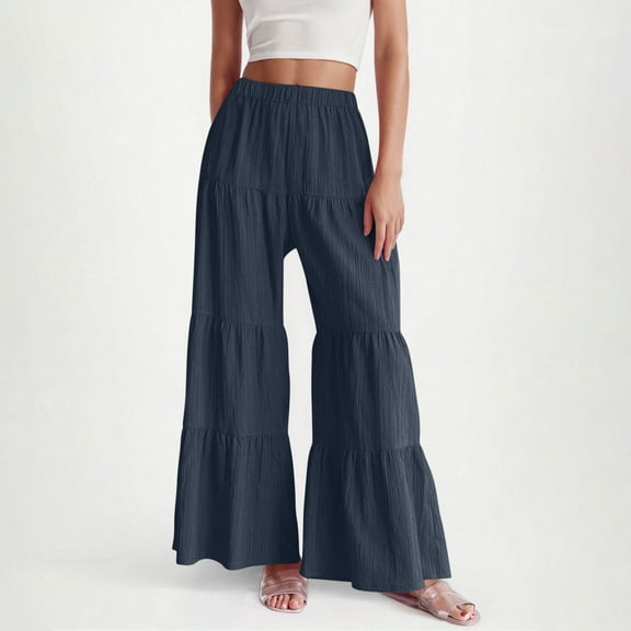 Qetyuw Women's Wide Leg Pants Flowy Boho Ruffle Hem Pants Elastic High Waist Palazzo Pants Pleated Loose Lightweight Beach Summer Vacation Trousers