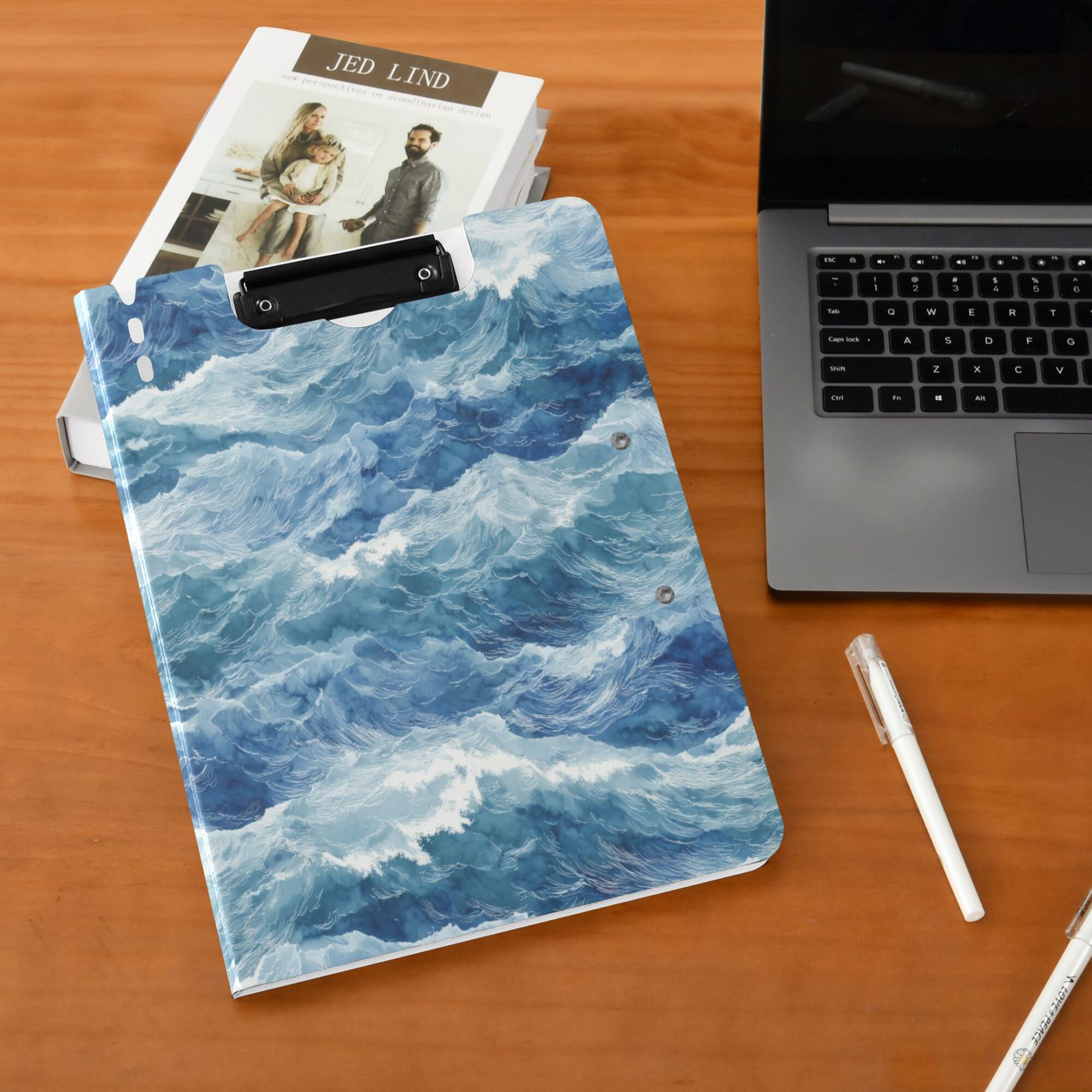 FORMRS A4 Clipboard Folder with Pen Holder Horizontal Foldable School Office Binder, Blue Watercolor Ocean Waves
