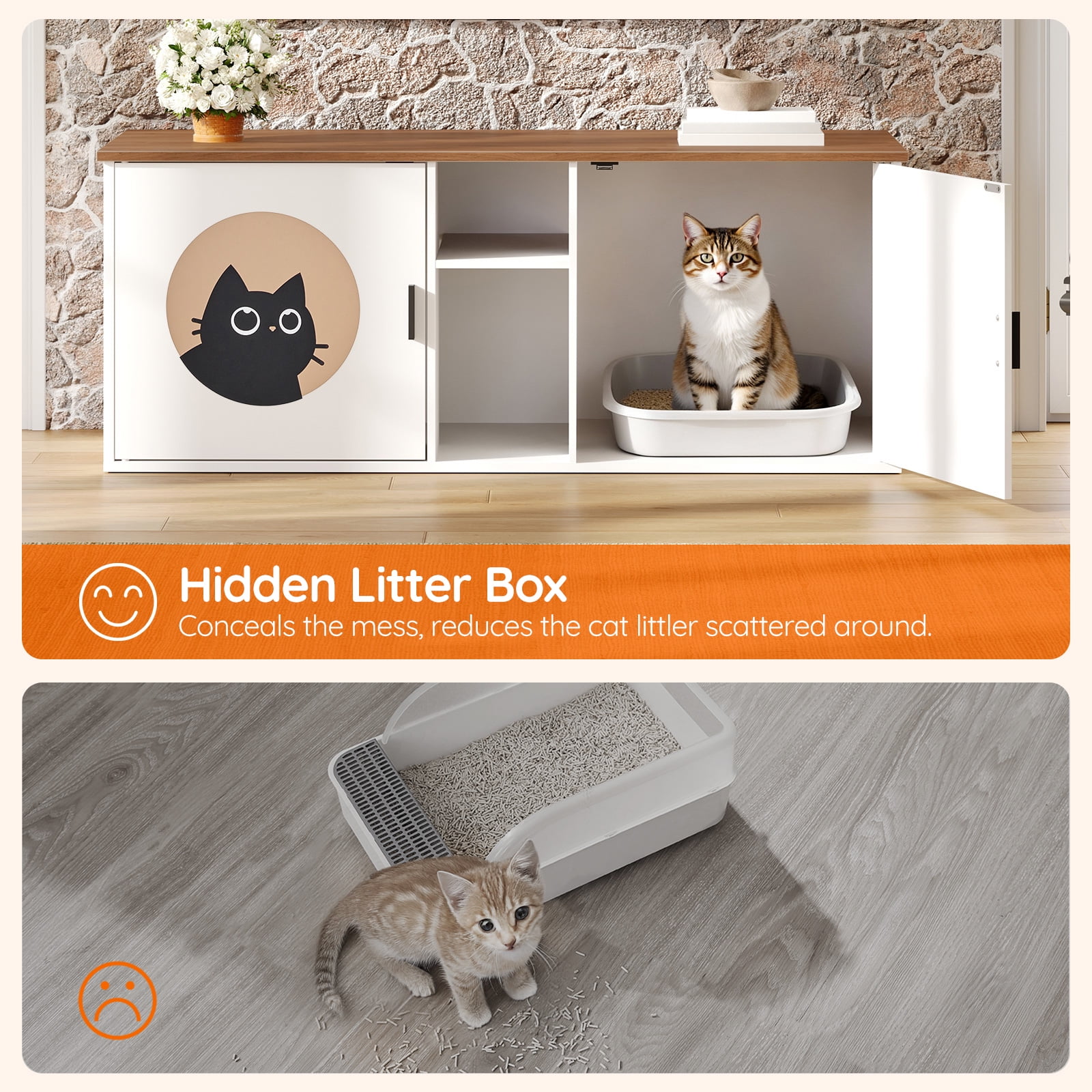 HOOBRO Double Cat Litter Box Enclosure with Middle Storage Shelf, Dual Hidden Litter Box Furniture, Unique Patterned Litter Box Cabinet, White and Walnut WH25MW01