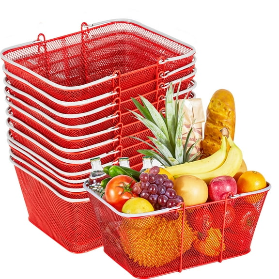 KFFKFF Set of 12 Stackable Metal Shopping Baskets, 22L Capacity with Handles, Durable Mesh Design, Supports Up to 44 lbs, Ideal for Grocery Stores, Retail Shops, Supermarkets,and Home Use, Red